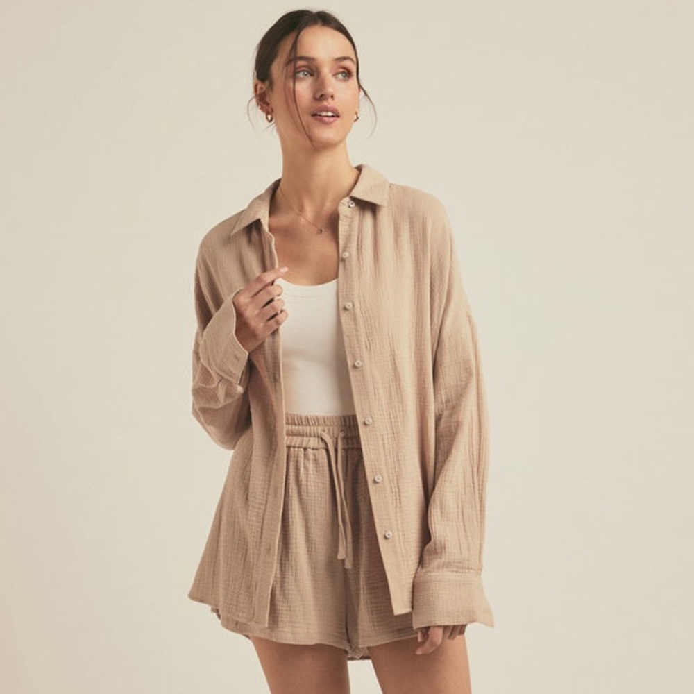 Favorite Daughter THE EX-BOYFRIEND SHIRT Beige Cotton Gauze Coastal Boho Small